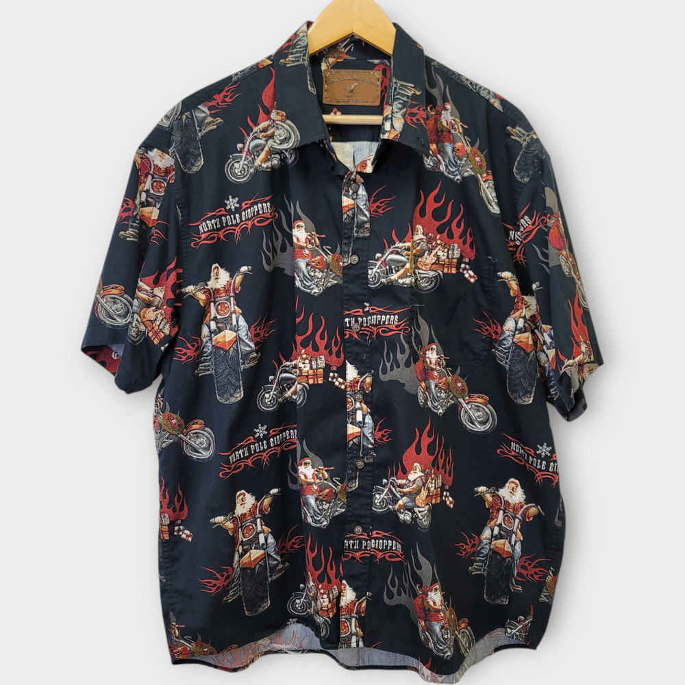 North River Shirt Mens XXL Black Motorcycle Biker‎ Santa Button Up Short Sleeve